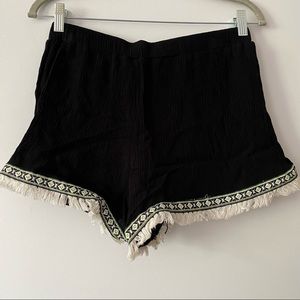 Black Stretch Embroidered Frayed Fringe Trim Shorts